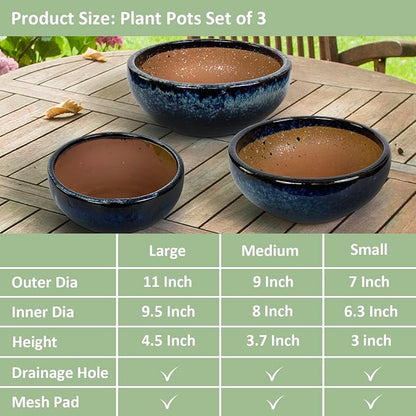 11 9 7 Inch Succulent Pot with Drainage and Mesh Pads Large Round Ceramic Plant Pot for Indoor Outdoor Plants Succulent Planter Cactus Bonsai Pot Container Set of 3 (Blue)