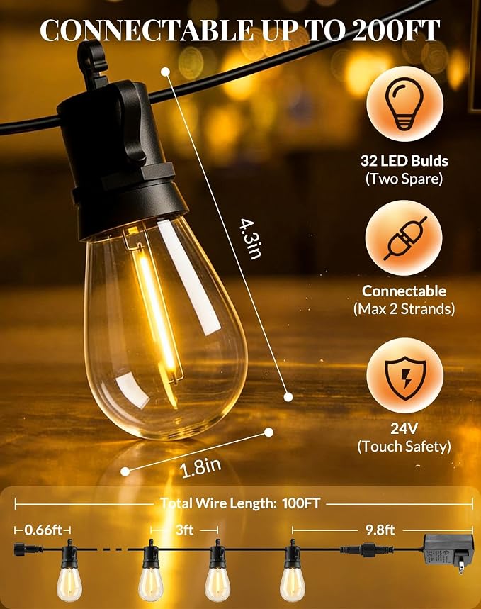 Outdoor String Lights LED Patio-Light - 150Ft Outside Waterproof Dimmable Porch Lights with Remote Shatterproof S14 Bulbs Outside Hanging Light Connectable Lighting for Gazebo Backyard Bistro Pergola