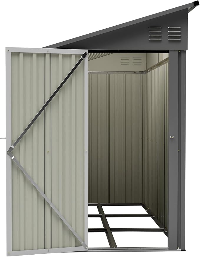YOPTO 4×8 FT Lean to Metal Shed,Outdoor Heavy-Duty Storage Shed with Floor Base,All Weather Waterproof Garden Tool House W/Lockable Door&2 Air Vents,Reversible Door Design,for Backyard,Patio,Lawn,Gray