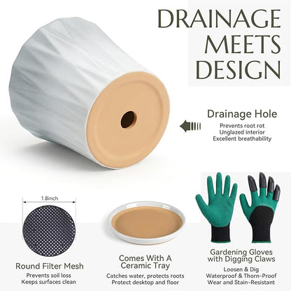 8.3 Inch Ceramic pots for Plants with Saucer Drainage Leak-Proof Mesh, Round Plant Pot with Gardening Gloves for Indoor Outdoor Plants (Rippled Grey)
