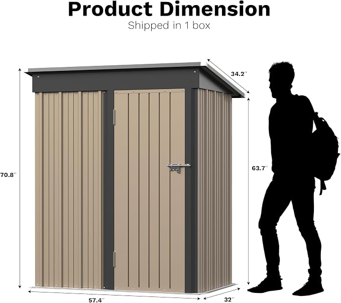 Greesum 5 x 3 FT Metal Outdoor Storage Shed, Brown | Waterproof & Weather Resistant Tool House with Lockable Single Door for Backyard Garden Patio Storage