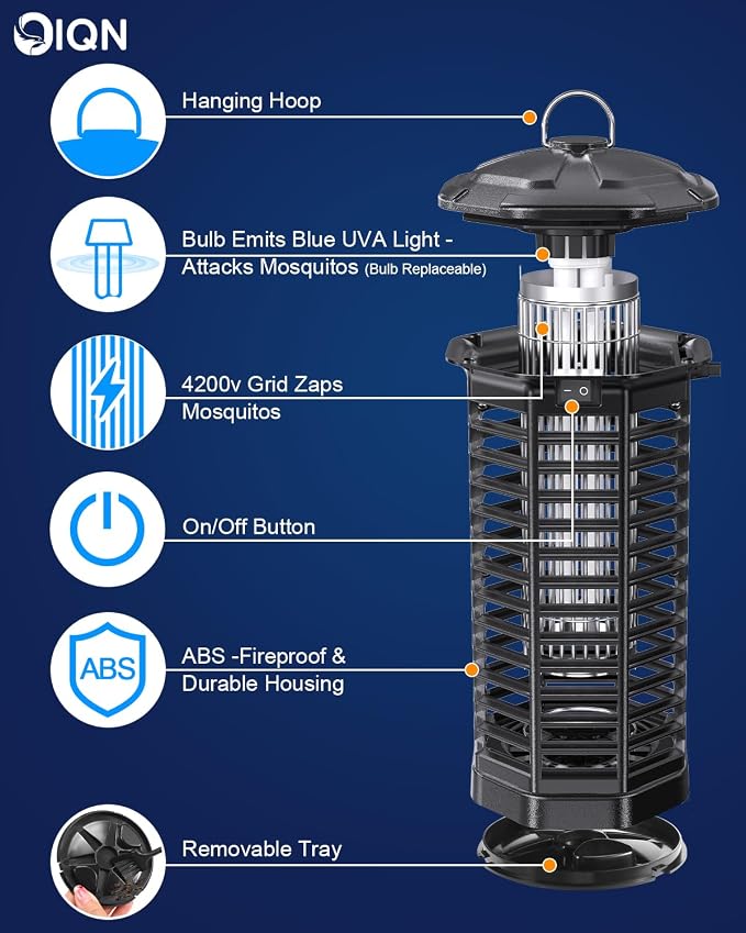 Bug Zapper Outdoor, Plug in Electric Mosquito Fly Zapper w/ 15W Light & 4200V Grid & on/Off Switch, Mosquito Traps & Killer for Indoor, Kitchen, Patio, Backyard and More (Black)