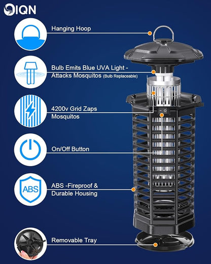Bug Zapper Outdoor, Plug in Electric Mosquito Fly Zapper w/ 15W Light & 4200V Grid & on/Off Switch, Mosquito Traps & Killer for Indoor, Kitchen, Patio, Backyard and More (Black)