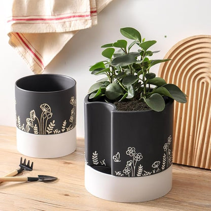 Nihow Self Watering Pots for Indoor Plants,8 Inch,Black Hand Painting | Ceramic Planter, Drainage Hole & Water Storage Plus, Cylinder Round Flower Pot, For Succulent/Herbs/Violets