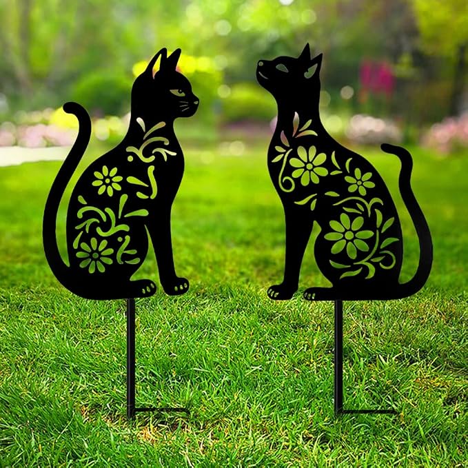Cat Garden Decor for Outside, Black Cat Metal Decorative Garden Stakes for Yard Art, Patio, Outdoor Decor, Garden Decorations, Lawn Ornaments, Unique Gifts for Cats Lovers (2 Pack)