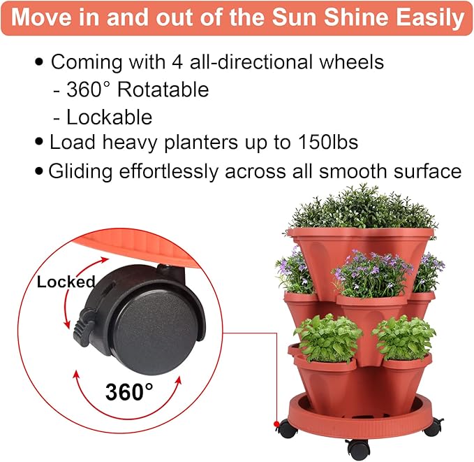 GameXcel Vertical Planter Tower - 3 Tier Stackable Garden Planters with Wheels and Tools Plant Pots for Strawberry Herb Flower and Vegetable Indoor Outdoor Use Red