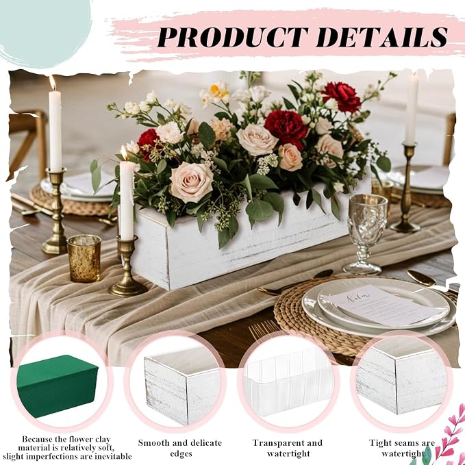 Dandat 12 Set Wood Boxes for Centerpieces 12x4 Inch Rectangle Wooden Planter Box Rustic Wooden Planters with Removable Plastic Liner Floral Foam Blocks for Christmas Wedding Home Garden Decor(White)