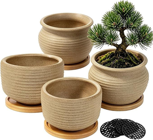 MUZHI Rustic 4 inch Bonsai Plant Pot with Bamboo Tray Set of 4, Unglazed Ceramic Succulent Cactus Pot Indoor Outerdoor with Drainage Hole