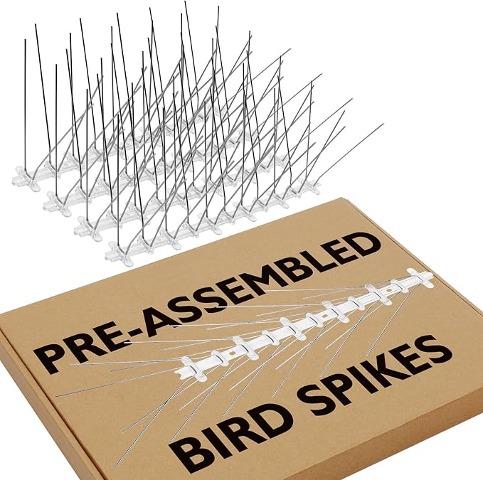 Pre-Assembled Bird Spikes Foldable Stainless Steel Spikes with Polycarbonate Base Pigeon Spikes Fence Kit for Small Bird Crows Woodpeckers (12 Strips 9.84 Feet)