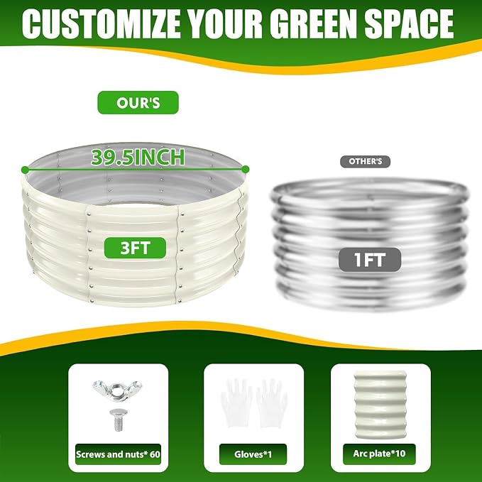 TBMLC 17" Tall Elevated Round Metal Rised Garden Bed- 3.3'x3.3' in Size and 0.8MM Thick Durable Planter Box for Vegetables Flowers Succulent at Patio/Garden Outdoor (White, 3.3FT Diameter)