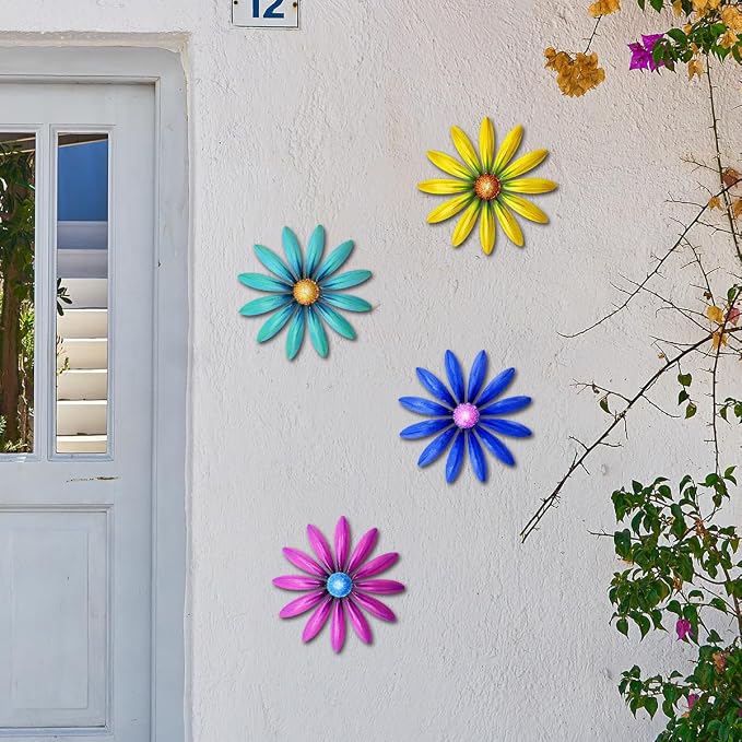 Giyyomtr Metal Flowers Wall Decor - 4pcs 6.2'' Metal Wall Art Hanging Decorations for Outdoor Fence Garden Yard Patio Exterior Wall Decor