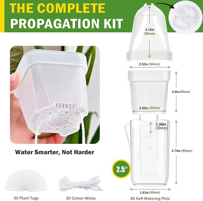 30 Pack 2.5" Self Watering Propagation Pots with Humidity Dome, Clear Plastic Seed Starter Cups, for Seedlings, Cuttings, Succulents, Herbs, Vegetables, with 30 Labels