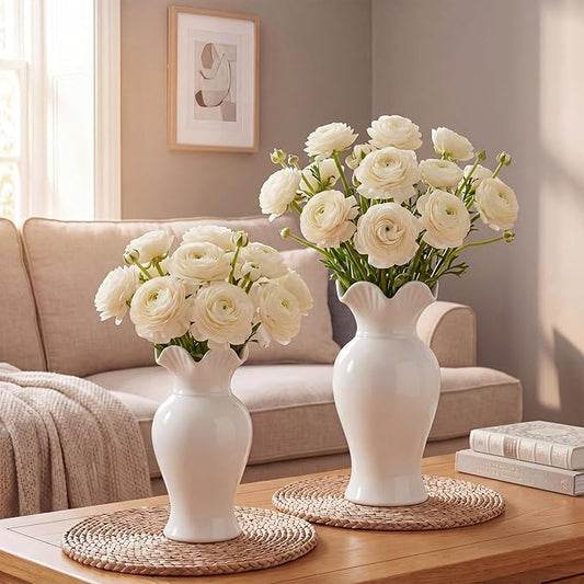 2 Pack White Ceramic Vase Set Small Rustic Decorative Vases Home Decor Wavy Edge Modern Flower Vases for Farmhouse Table Centerpiece Living Room Kitchen Bedroom (6.7,7.9in,Classic)