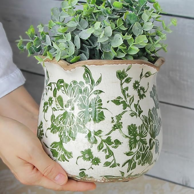 Xiaan Jiaju Tuscan Ceramic Plant Pots, 6.11 Inch Vintage Planters with Drainage Hole for Indoor Plants, Farmhouse Green Scroll Vase & Flower Pots, Home Kitchen Garden Decor, Plant Lover Gifts