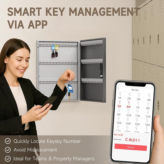 WeHere 72-Key Smart Key Lock Box, Wall-Mount Key Cabinet with Key Management App(Track Key Borrow/Return), Keypad, Bluetooth & WiFi Unlock (Sold Separately) for Commercial, School, Rental, Office