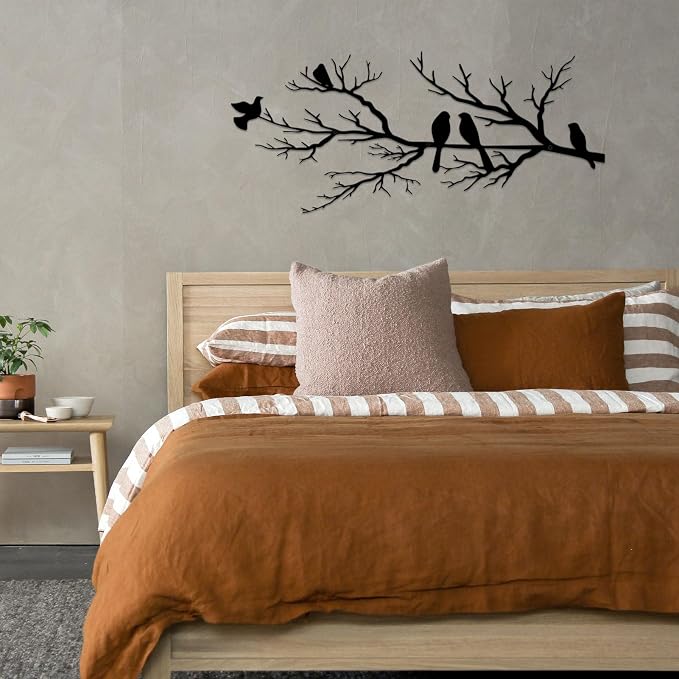 ESTART Metal Birds Wall Art, Metal Vivid Birds on Branch Silhouette Wall Decor Black Leaves with Bird Outdoor Hanging Wall Sculpture for Home Balcony Garden (Small)