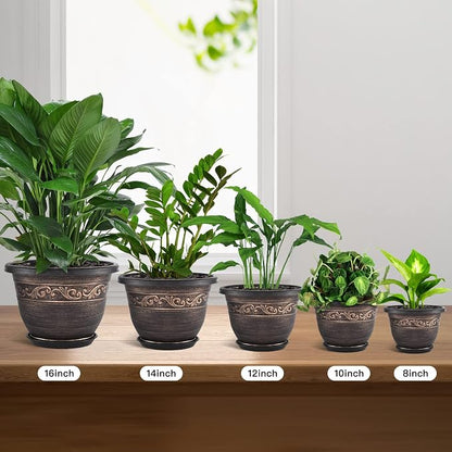 Plastic-Plant-Flower-Planters-16 Inch With Drainage Hole & Saucer, 3 Packs Lightweight Small Resin Flower Pot Indoor Outdoor, Retro Antique Imitation Decorative Garden Containers Sets For Houseplants