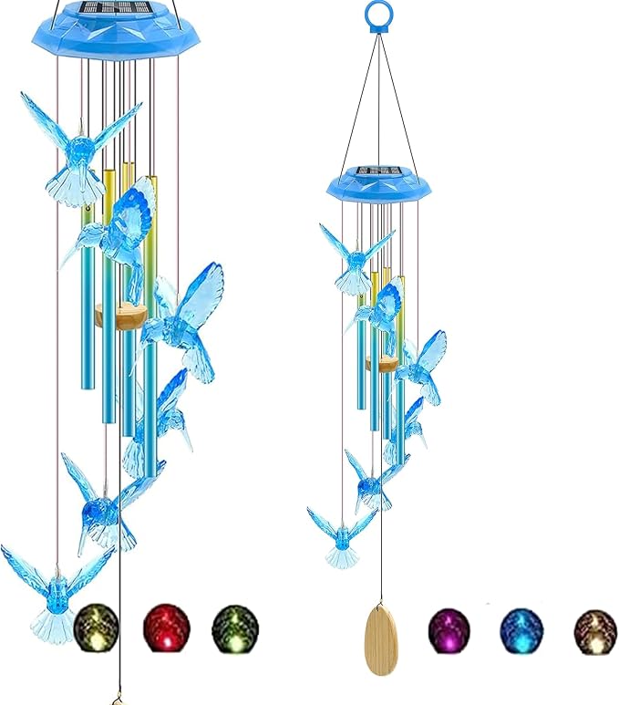 Outdoor Solar Wind Chime Decoration, Mother's Day Birthday Gifts for Grandma, Mom and Family, Outdoor Garden and Courtyard Wind Chime Accessories (Blue Hummingbird)