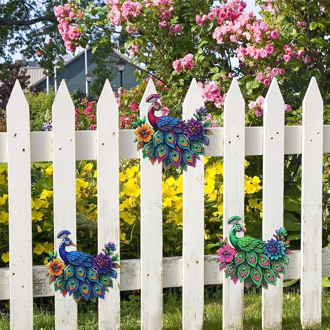 dreamskip 3 Piece Metal Peacock Wall Decor, Iron Tropical Peacocks Wall Art, Outdoor Metal Birds Garden Wall Decors Sculptures for Patio Fence Living Room Housewarming Gifts