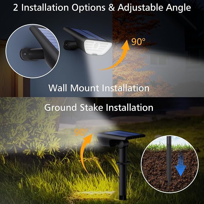 RUIKORING Solar Spot Lights Outdoor Waterproof, 73 LED Landscape Spotlight with 3 Lighting Modes, Dusk to Dawn Auto On/Off, 2-in-1 Wall & Ground Mount for Yard, Garden & Pathway, Cool White, 1 Pack
