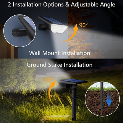 RUIKORING Solar Spot Lights Outdoor Waterproof, 73 LED Landscape Spotlight with 3 Lighting Modes, Dusk to Dawn Auto On/Off, 2-in-1 Wall & Ground Mount for Yard, Garden & Pathway, Cool White, 1 Pack