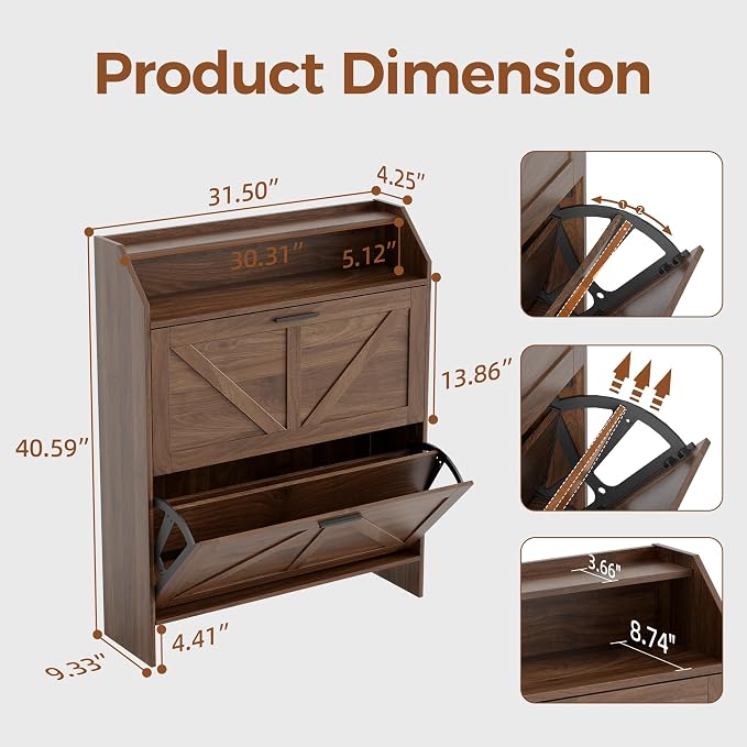 Mericonia Farmhouse Shoe Cabinet with 2 Flip Drawers, Shoes Storage Cabinet, Freestanding Shoe Rack Organizer for Entryway, Walnut
