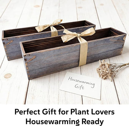 Wood Window Box Planter, 2 Pcs Rectangular Planter Boxes with Removable Plastic Liners, Herb Succulents Flowers Wooden Pot for Windowsill, Rustic Wedding Garden Table Decor, 17.3 x 3.9 x 3.9 Inches