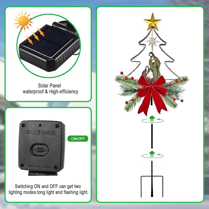Solar Powered Nativity Scene Christmas Tree Stake Outdoor Christmas Decorations with Fairy Lights Garden Decor for Outside