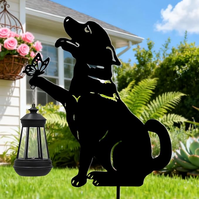 Black Dog Patio Decorations Outdoor - Solar Lights Outdoor Garden Decor Stake with Butterfly Decorative Metal Housewarming Ornament for Yard Pathway Lawn Patio – Unique Gift Ideas for Christmas
