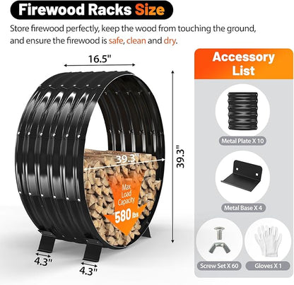 Round Metal Sheet Firewood Rack Indoor by Fireplace/Outdoor Beside Fire Pit -with Metal Legs,Rustproof,Durable & Stylish Firewood Holder (Circle, 40 Inches Diameter)