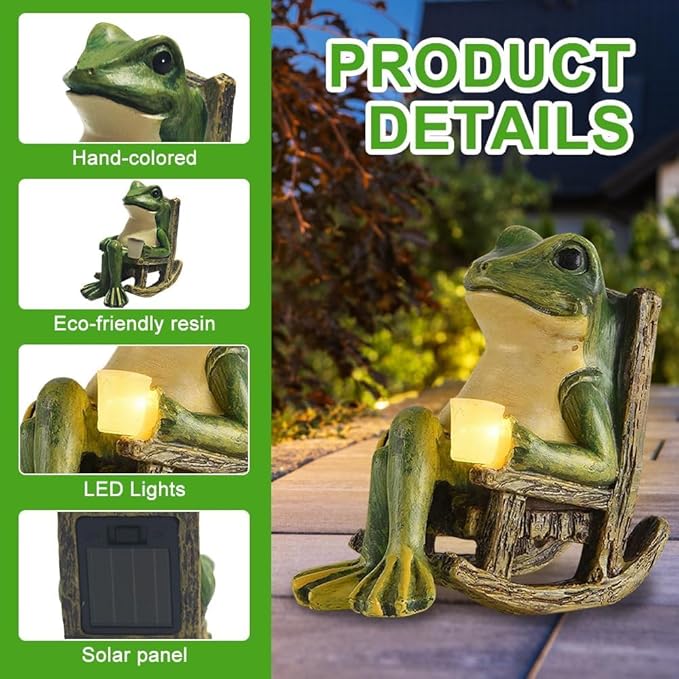 Banax Solar LED Frog Garden Outdoor Decor, Waterproof LED Garden Solar Ornaments Outdoor, Rocking Chair Frog Statue Decoration, Funny Outdoor Lights for Patio