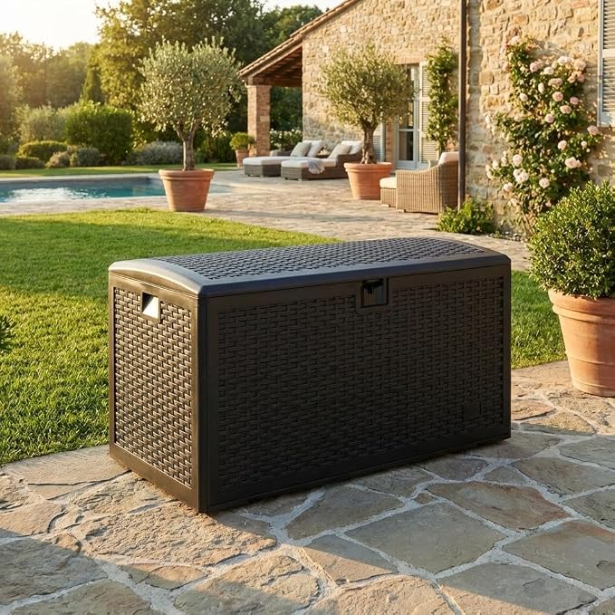99 Gallon Waterproof Large Resin Deck Box Indoor Outdoor, Lockable Storage Container for Patio Furniture Cushions, Throw Pillows, Garden Tools, and Pool Floats, Brown