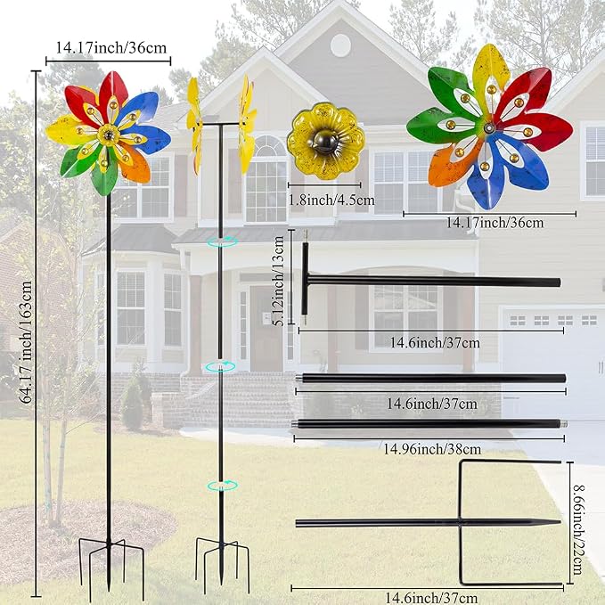 Stargarden Outdoor Wind Spinner, 64 * 14.2" Double Wind Sculptures | Colorful Metal Windmill for Garden Patio Yard Decor