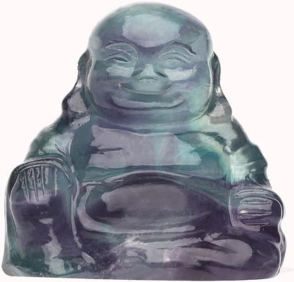 Rainbow Fluorite Crystal Laughing Buddha Statue Meditation Decor Spiritual Art Piece Healing Stone Figurine Zen Altar Sculpture Feng Shui Gift Yoga Space Ornament Peaceful Home Temple Collectible