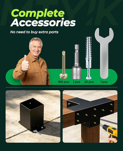 Pergola Kit for 4"x4" Lumber (Actual 3.6"x3.6"), Heavy Duty Steel Pergola Brackets Kit with 3-Way & 4-Way Corner Brackets + 6 Post Bases, DIY Gazebo Hardware Kit for Patio Backyard Garden, 2mm Thick