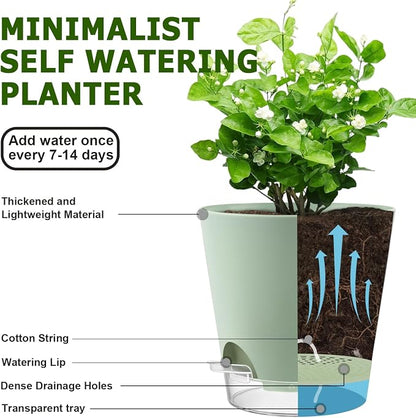 QRRICA 5/5.5/6/6.5/7/8 inch Self Watering Pot Set, Visible Water Level Planter with Transparent Reservoir & Drainage Holes, Plastic Flower Pots with Cotton Rope for Indoor/Outdoor Use (Green)