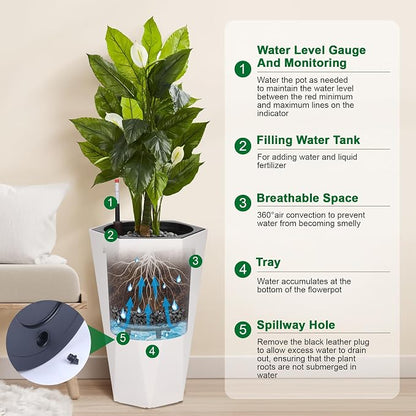 GarveeLife 22.5 in Tall Diamond Planters Set of 2, Self Watering Planters with Water Level Monitor, Flower Pots Outdoor and Indoor for Patio, Porch, Living Room, Home Office, White