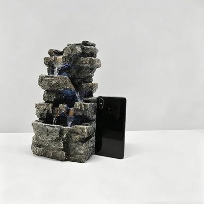 Tabletop Rock Waterfall Fountain, 4-Tier Stacked Stone, Resin, LED Lights, USB Powered, 7.08 x 5.5 x13.3Inches