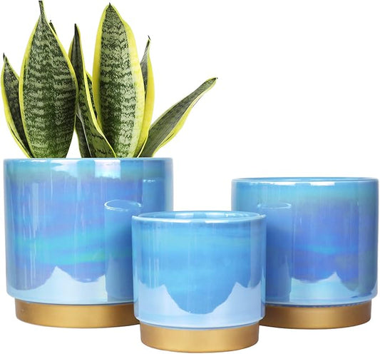 Gepege Ceramic Pots for Plants, Rainbow Pearl Glaze Planter with Drainage Hole, 6.0 inch+5.0 Inch+4.0 Inch. Indoor-Outdoor Large Round Succulent Orchid Flower Pot