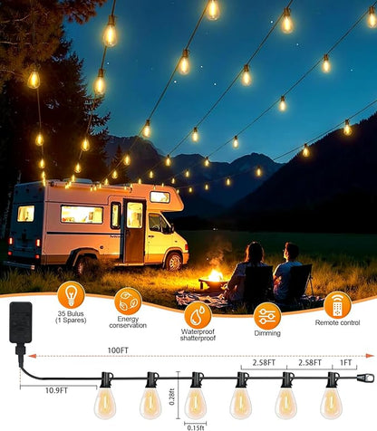 Tenmiro 100FT LED Outdoor String Lights with Remote, 35+ 1 Shatterproof Bulbs Waterproof and Dimmable Patio Lights for Porch, Garden, Backyard, Deck, Balcony, Hanging Lighting Decor