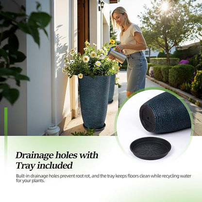 QCQHDU Set of 2 Large Tall Blue Planters with Saucer - 9 Gallon 12" Diameter x 21" H Faux Stone Round Pots for Indoor Plants, Outdoor Patio & Porch Decor, Heavy Duty Weatherproof Plant Containers