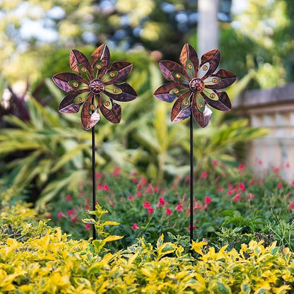 VEWOGARDEN 2 Pack Wind Spinners Outdoor, Metal Wind Spinner with Flower Design for Yard Garden Lawn Decorations, Antique Bronze
