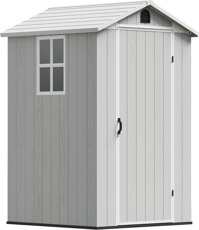 Devoko 4×4 FT Resin Storage Shed with Floor, Plastic Outdoor Garden Shed with Windows and Lockable Doors, Waterproof Outside Tool Sheds for Patio Backyard Lawn, Light Gray