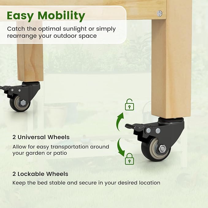 S AFSTAR Wooden Raised Garden Bed with Wheels, Elevated Planter Box with Legs, Storage Shelf, Liner & Drainage Holes, Indoor Outdoor Patio Gardening Box for Vegetable, Flower & Herb