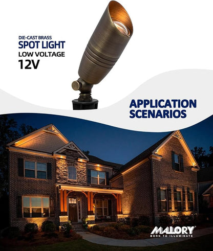 MALORY Brass Landscape Spotlights 1-Pack with MR16 Bulb(S02), 12V Low Voltage Landscape Lighting LED Outdoor Spot Uplights for House and Tree,PVC Ground Stake and Wire Connector Included, 5W 2700K