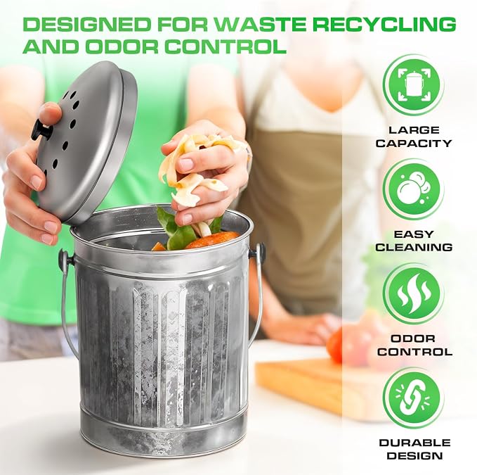 Plexon Countertop Compost Bin Kitchen Indoor, with Lid, Silver 1.5 Gallon Odorless Kitchen Compost Container, Steel Food Bucket Pail with Charcoal Filter, Silver
