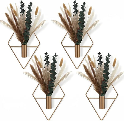 Jexine 8 Pcs Hanging Planters with Artificial Pampas Metal Hanging Vase Indoor Plants Holder Modern Geometric Boho Bathroom Wall Decor for Living Room Home Office(Antique Copper)