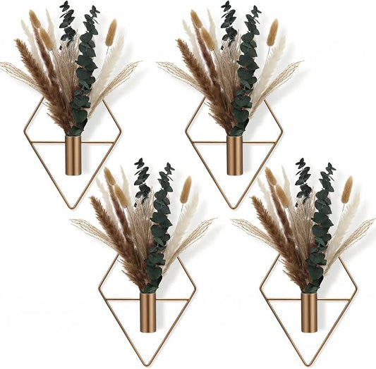Jexine 8 Pcs Hanging Planters with Artificial Pampas Metal Hanging Vase Indoor Plants Holder Modern Geometric Boho Bathroom Wall Decor for Living Room Home Office(Antique Copper)