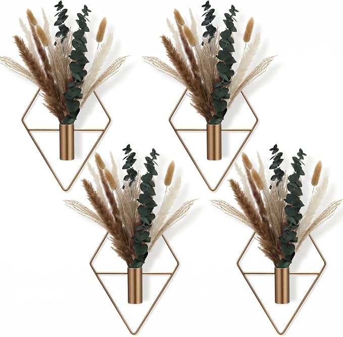 Jexine 4 Pcs Hanging Planters with Artificial Pampas Metal Hanging Vase Indoor Plants Holder Modern Geometric Boho Bathroom Wall Decor for Living Room Home Office, Antique Copper
