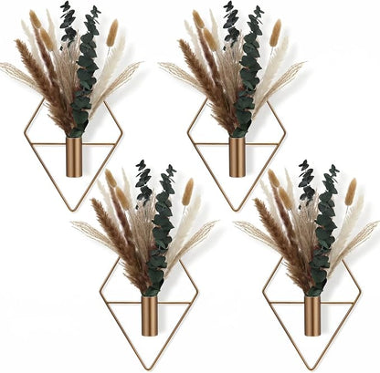 Jexine 4 Pcs Hanging Planters with Artificial Pampas Metal Hanging Vase Indoor Plants Holder Modern Geometric Boho Bathroom Wall Decor for Living Room Home Office, Antique Copper